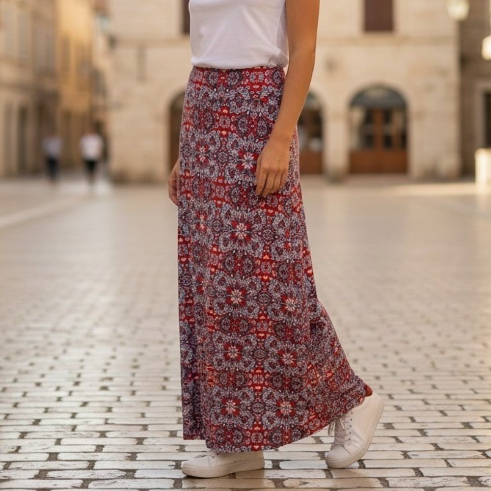 Gilli Maxi Skirt Medallion Paisley Boho Fold Over Waist M Festival Patriotic
